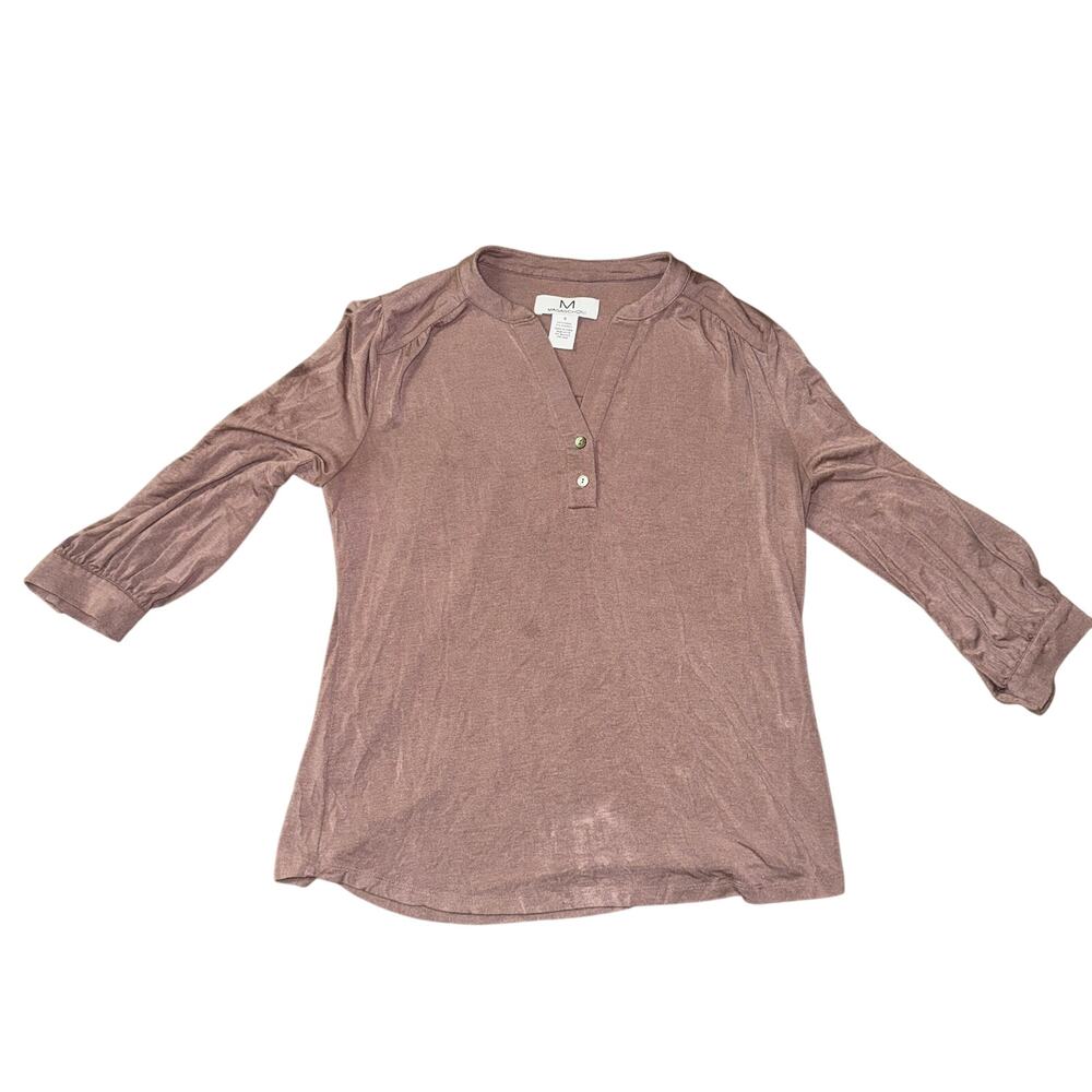 Magaschoni Blouse Women's Size S Mauve V Neck Button Cuff Henley Top Stretch
